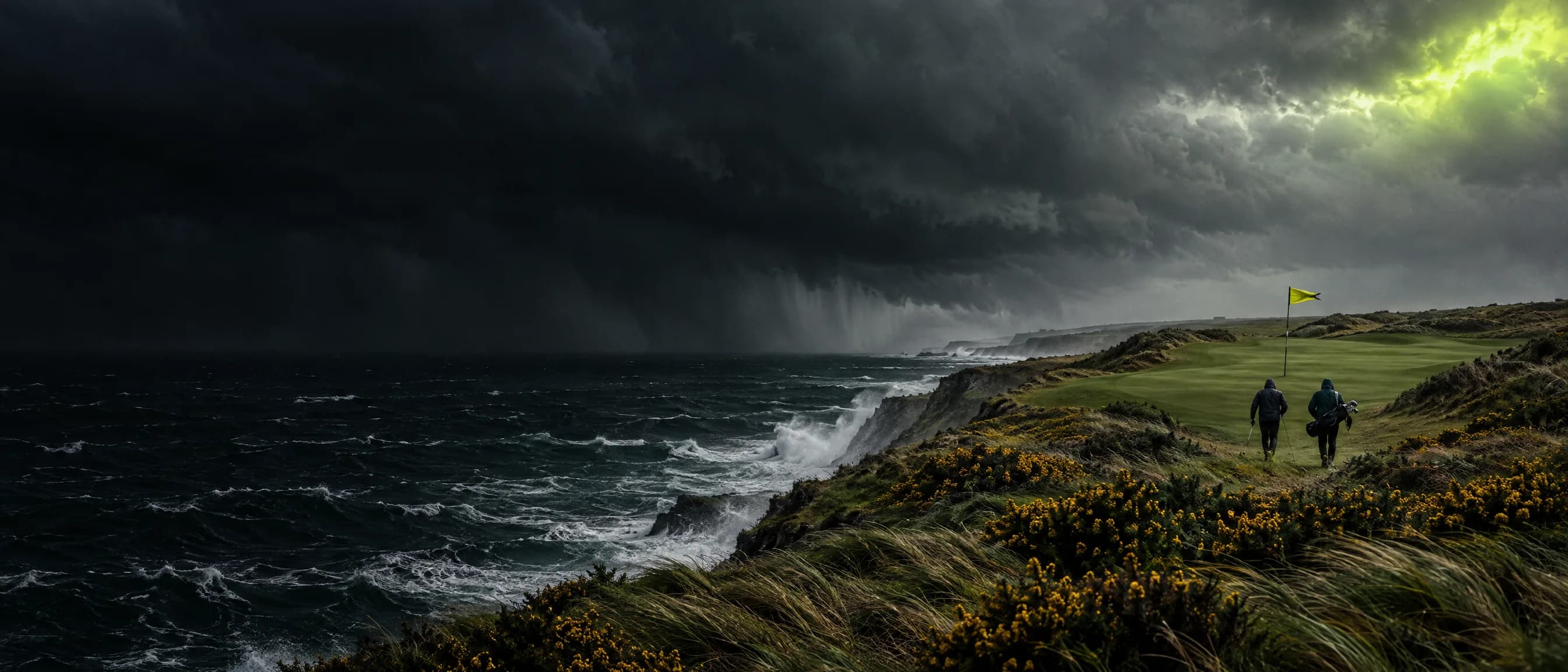 A golfer and caddie walking toward a clifftop links green as a rain squall rolls in off the ocean, the flag blowing straight out