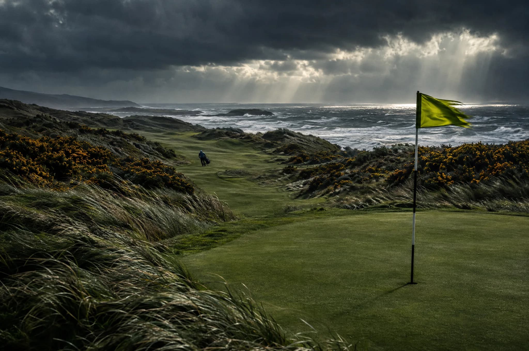 A flag whipping in the wind on a links green ringed by dunes and gorse, the ocean beyond under storm clouds