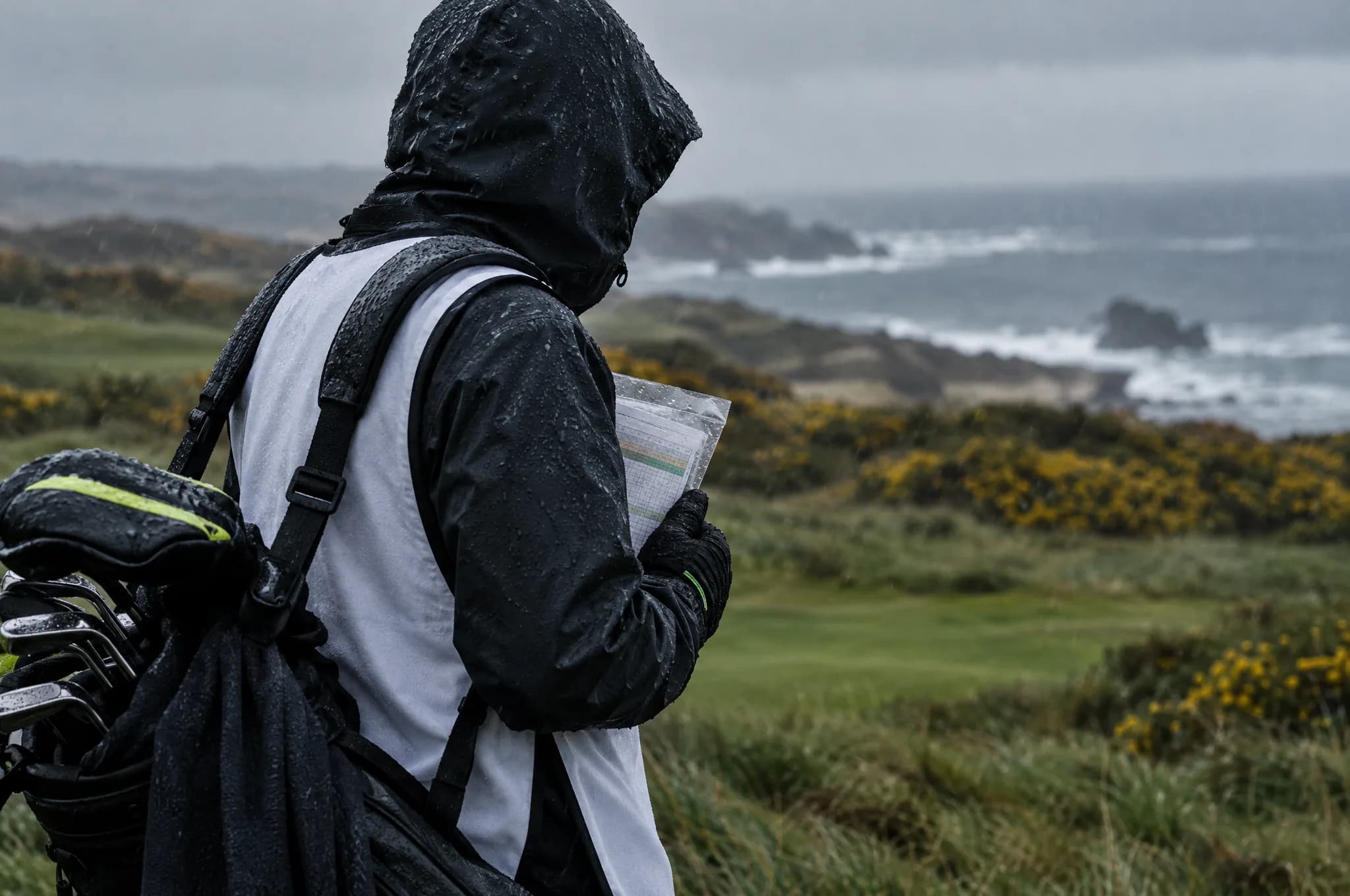 A hooded caddie in the rain holding a scorecard sealed in a plastic sleeve, a golf bag on his shoulder