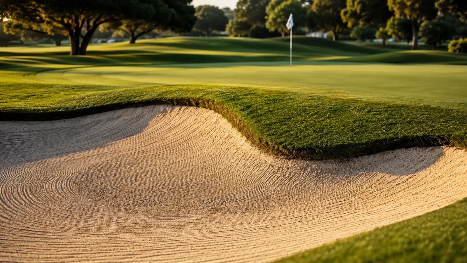 A golf fairway running between bunkers