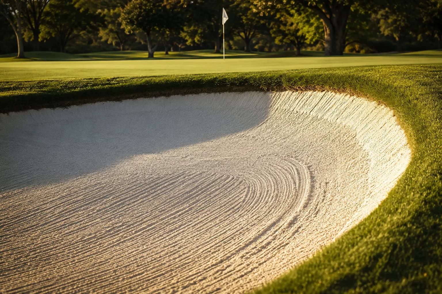 A golf green guarded by bright sand bunkers