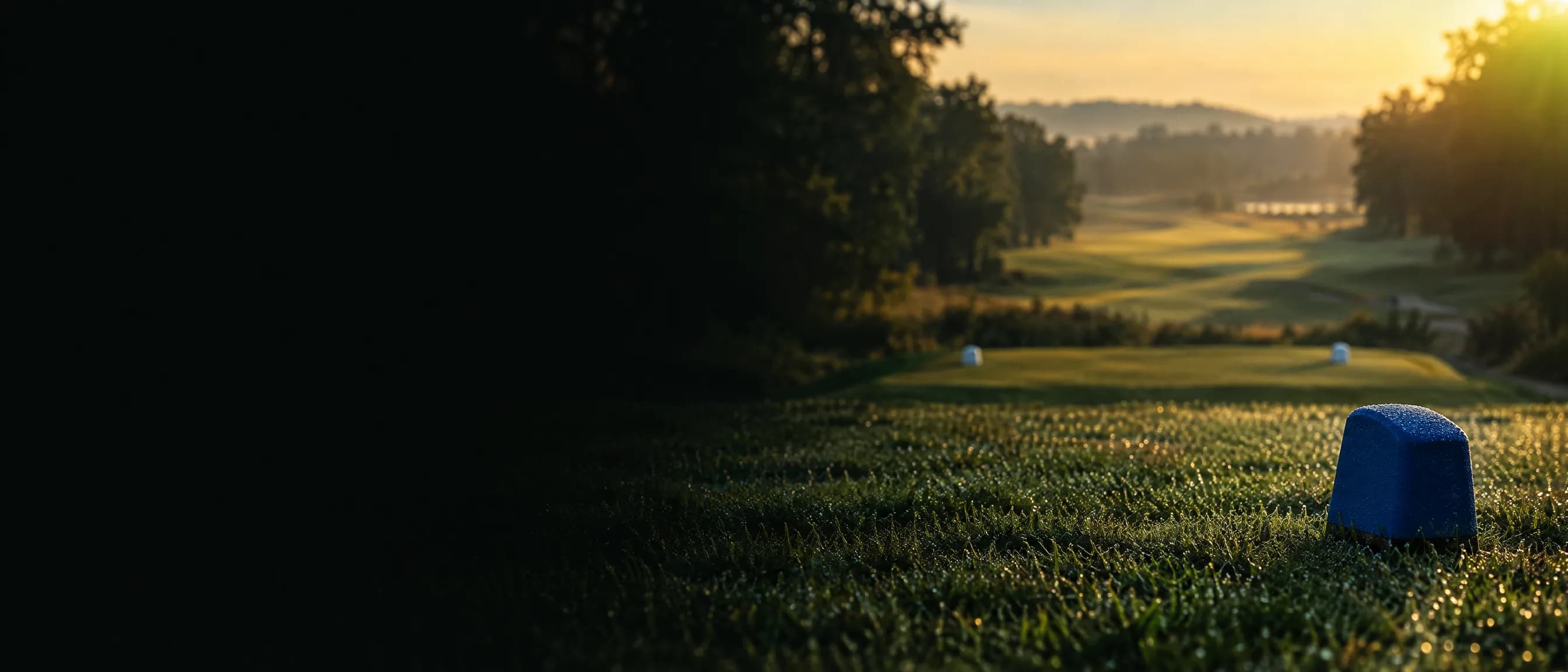 A blue tee marker on the back tee box, with the white tee markers on the forward tee further down the same hole