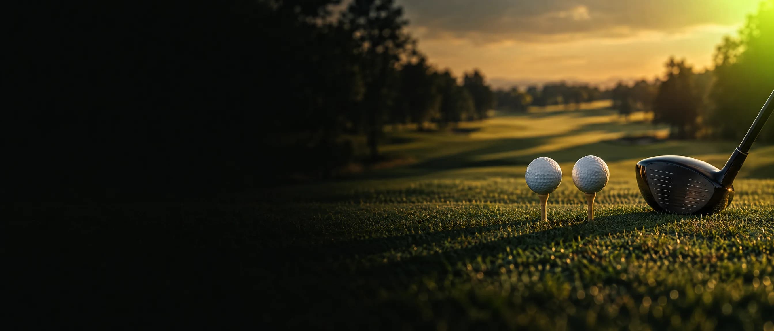Two golf balls teed up side by side on a tee box at sunset, a driver resting beside them