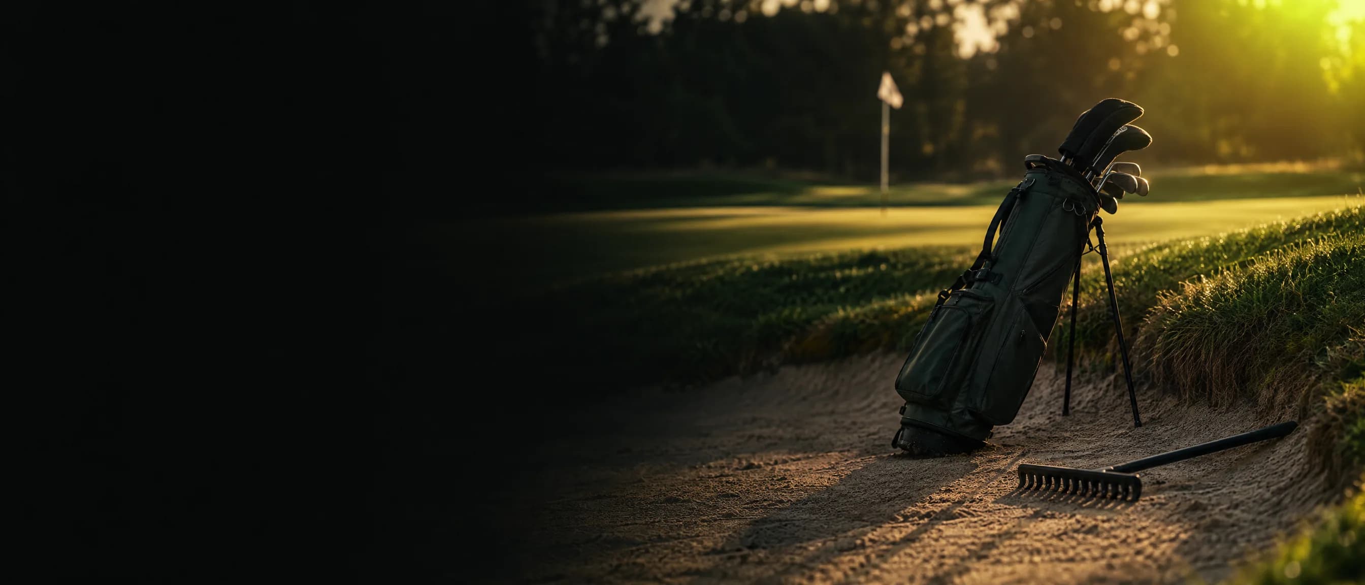 A golf bag propped at the edge of a freshly raked greenside bunker, a rake lying in the sand