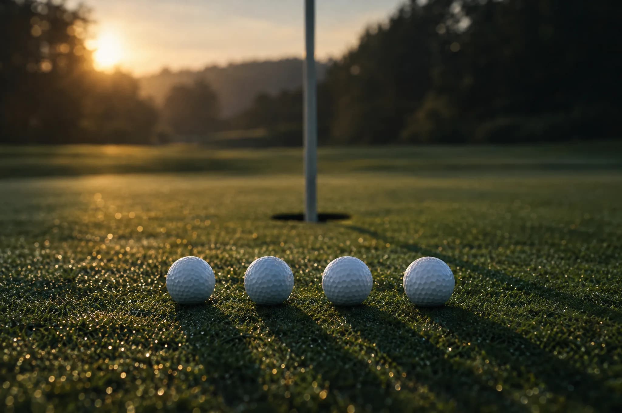 Four golf balls lined up in a perfectly even row just short of the cup
