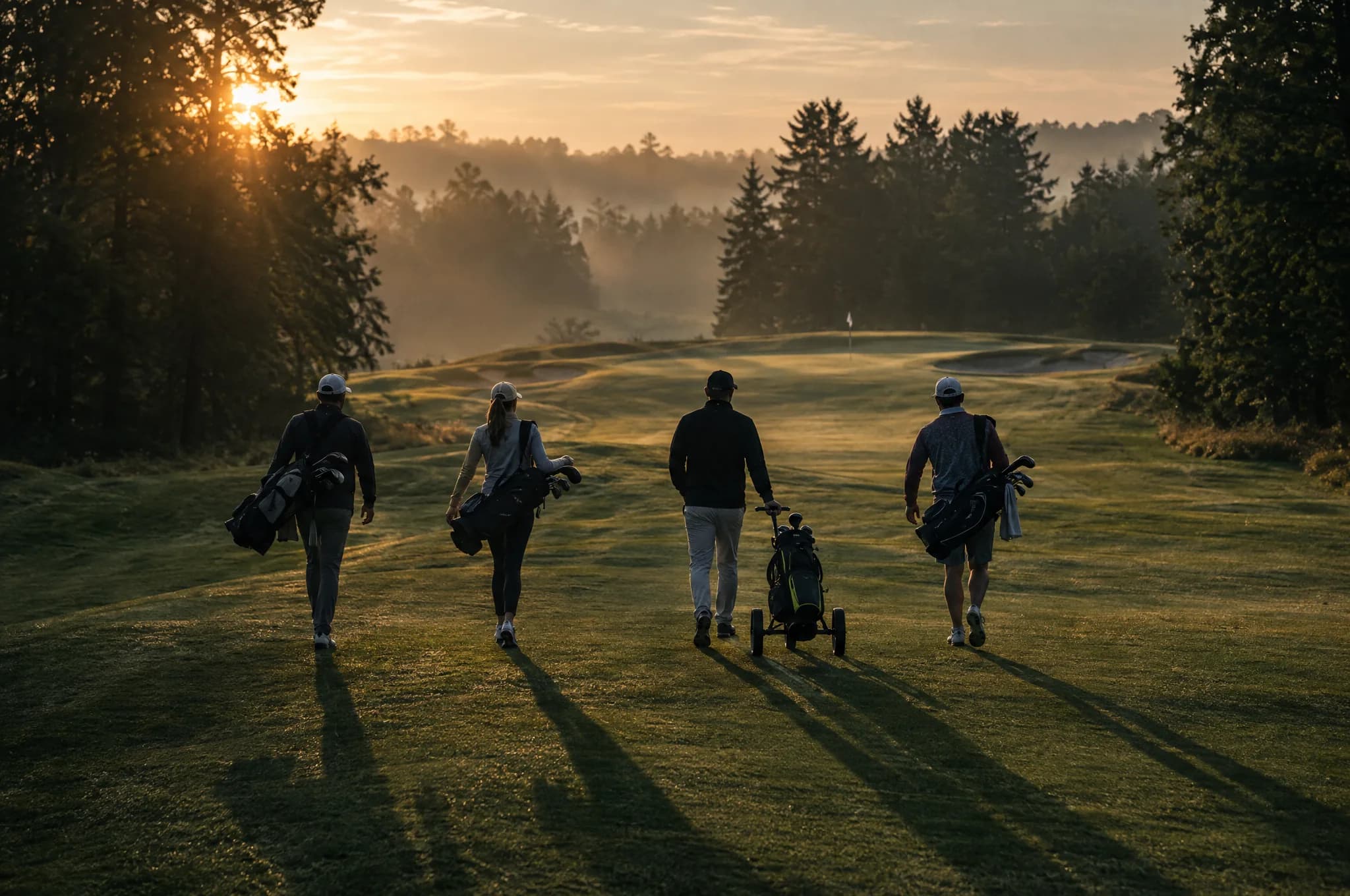 Four golfers walking up a misty fairway together at sunrise, carrying their bags
