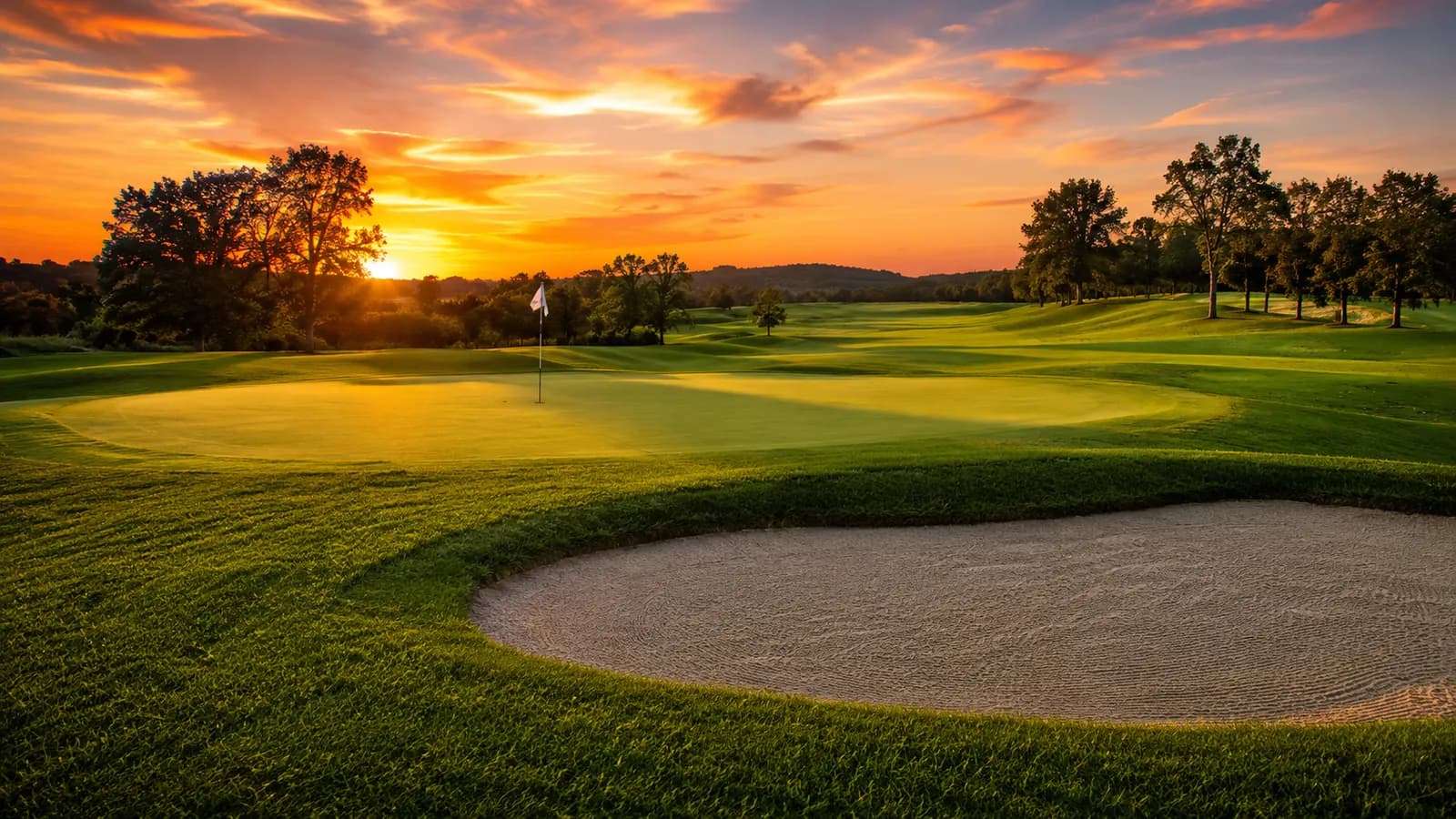 Golfers finishing a round beneath an orange sunset