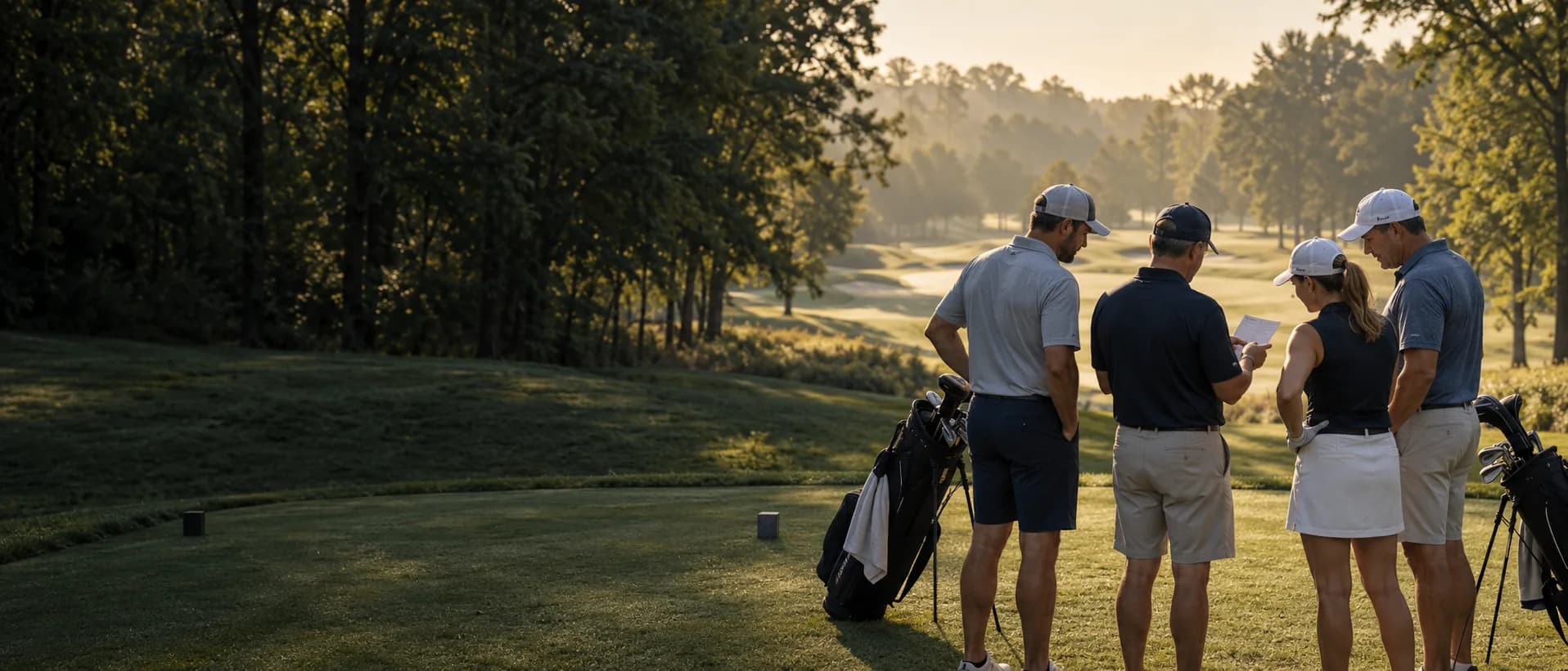 Four golfers gathered around a scorecard beside their bags on the first tee in morning light