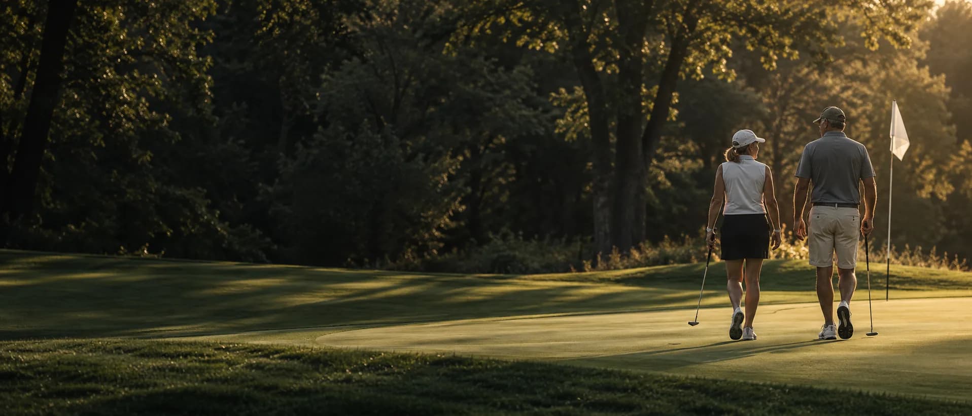 Two golf partners carrying putters as they walk off a green beside a flagstick in late afternoon light