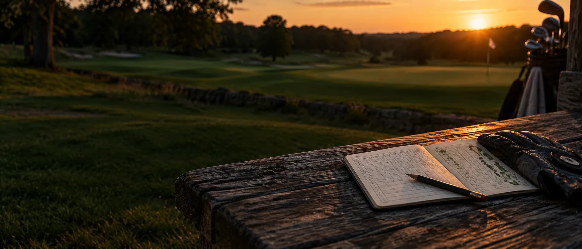 An open golf scorecard, a pencil and a dark glove on a wooden bench beside the final green at sunset