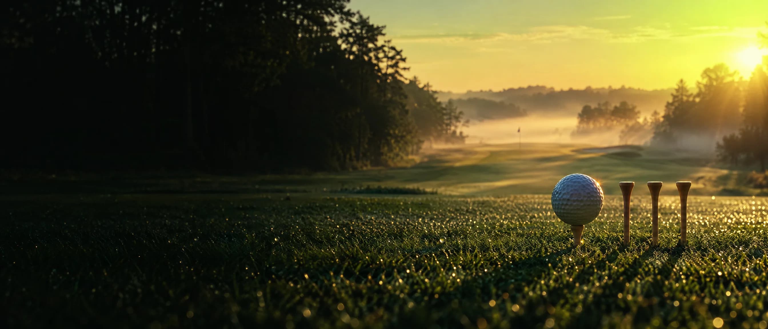 A ball teed up on the first tee beside three wooden tees, with the fairway opening ahead