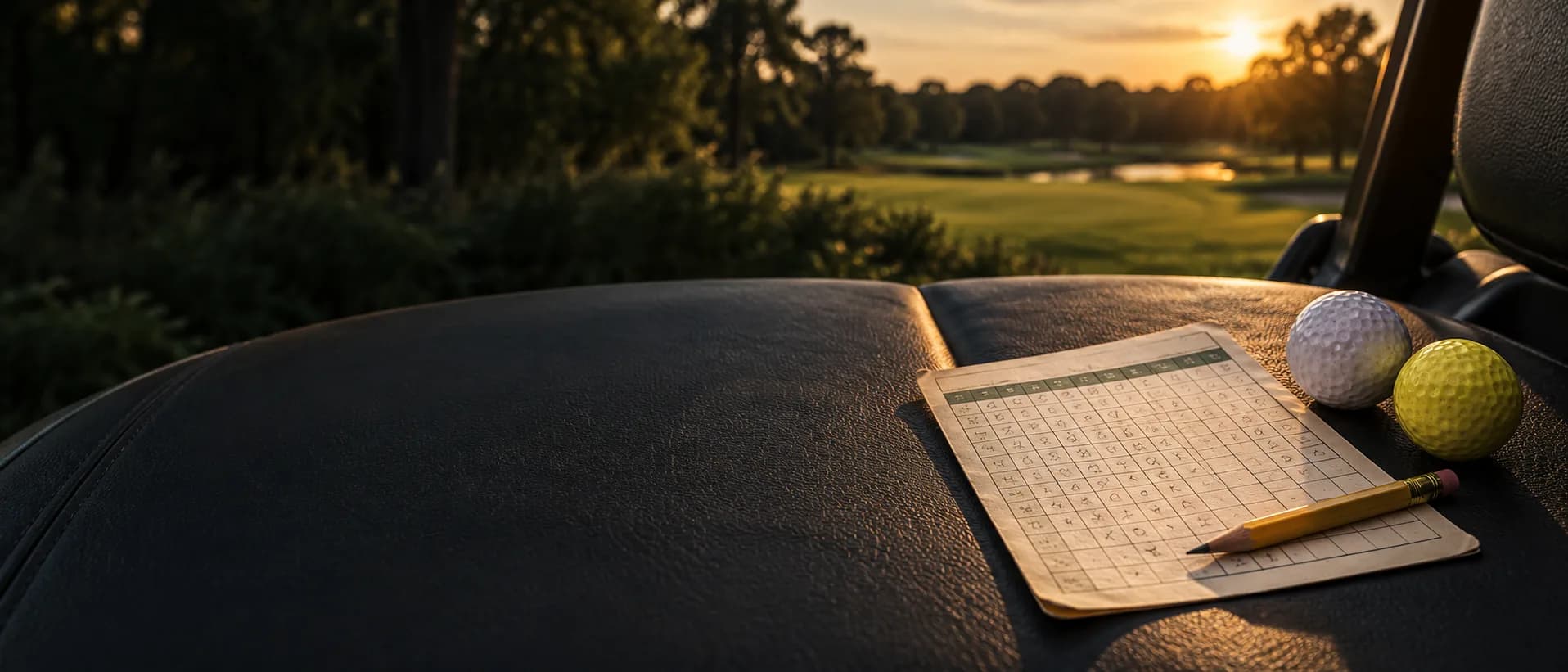 One golf scorecard and pencil beside a white ball and a yellow ball on the seat of a parked golf cart at dusk