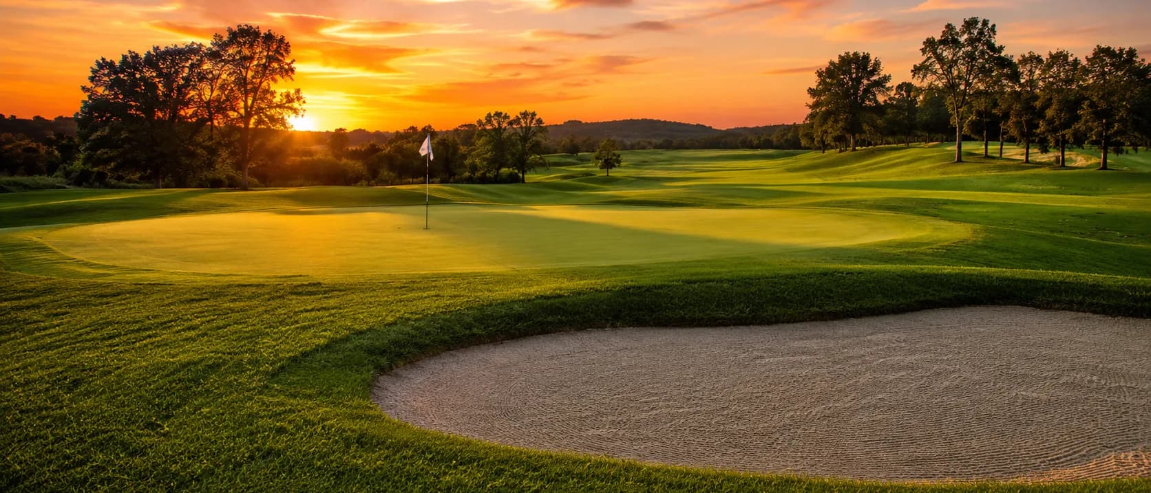 A flag on a green beside a raked bunker, at sunset